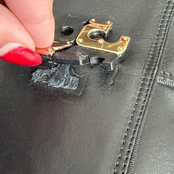 Tory Burch Black Leather Knee-High Riding Boots with Gold Logo - Picture 7 of 11